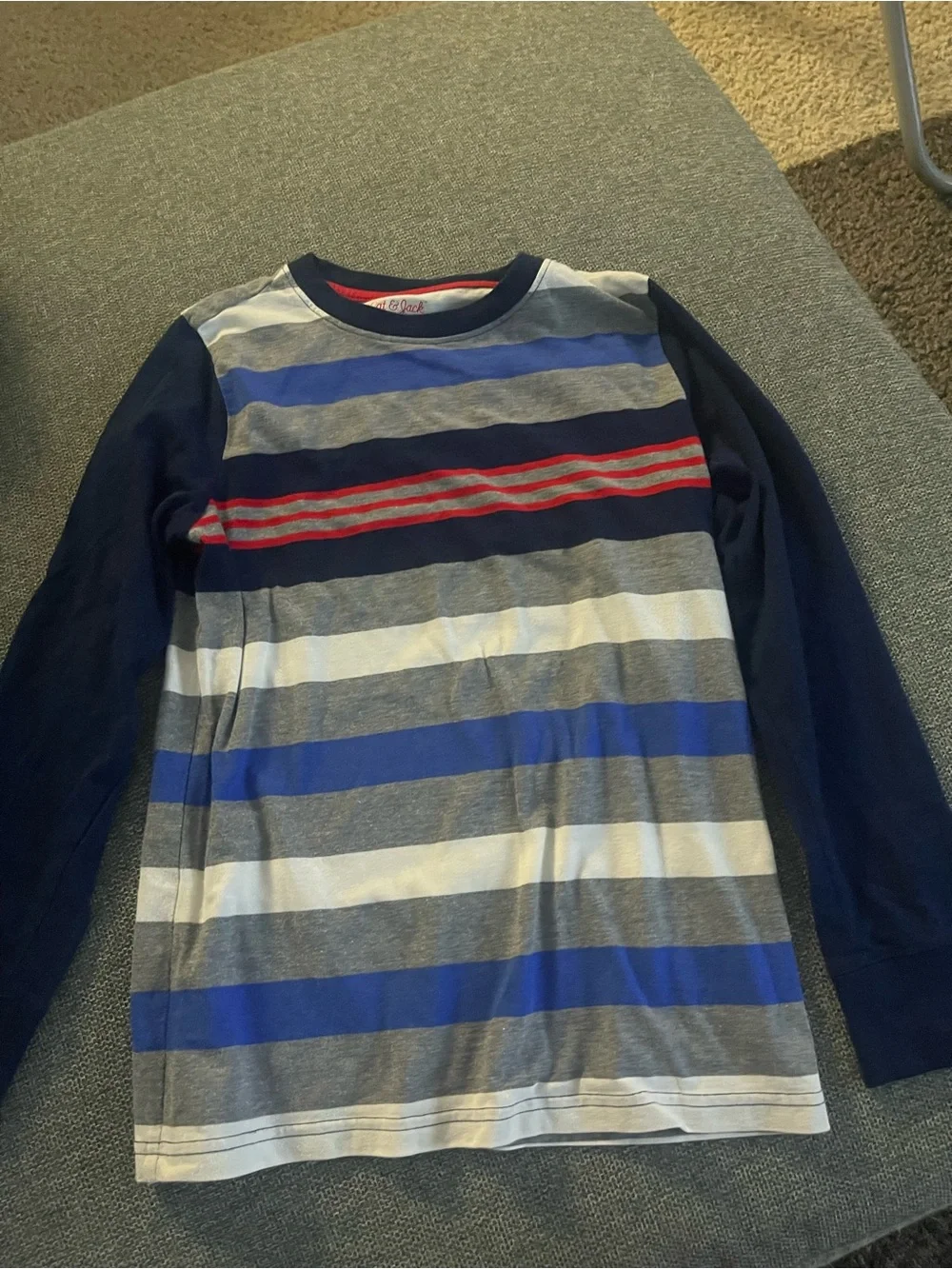Kids Long-Sleeve Striped Crewneck Shirt - Navy, Gray, White, Blue, Red